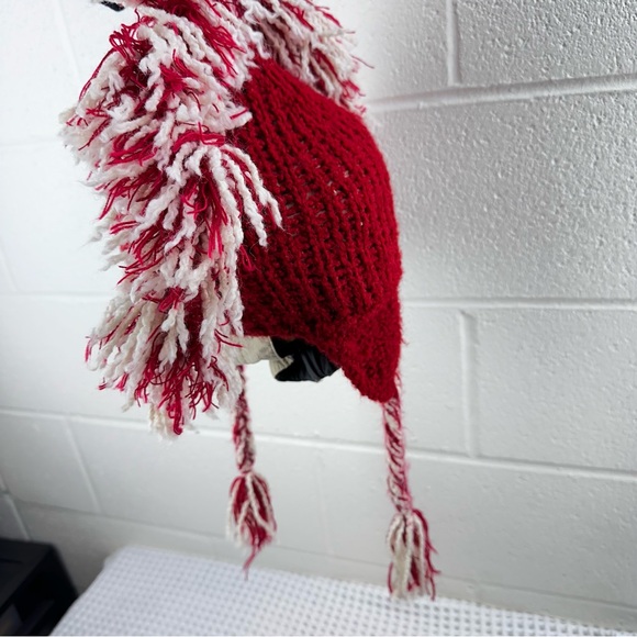 Yusu Tex 100% Alpaca Handmade Knitted Tassel Red White Beanie Mohawk Fringe - Picture 10 of 13